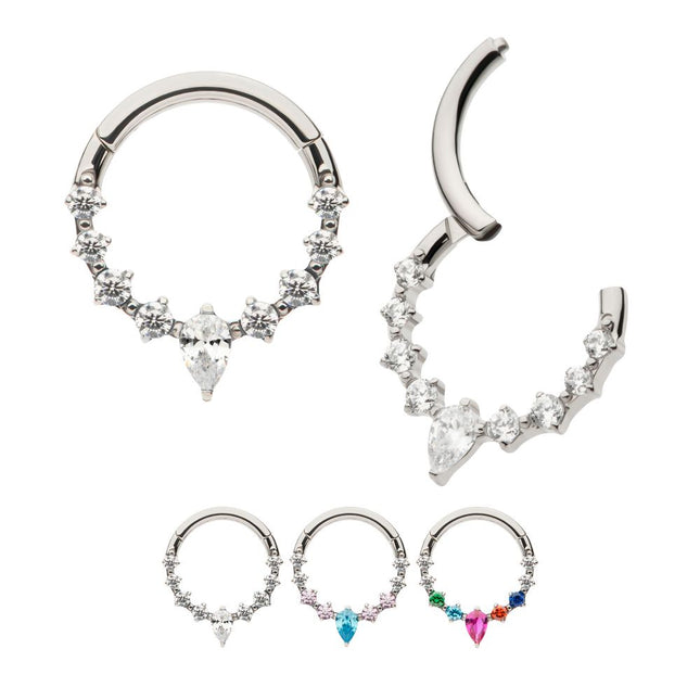 Invictus Titanium 9-Cluster Prong Set Round & Teardrop CZ Front Facing Hinged Segment Clicker