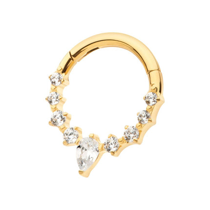 Invictus 24Kt Gold PVD Titanium 9-Cluster Prong Set Round & Teardrop CZ Front Facing Hinged Segment Clicker
