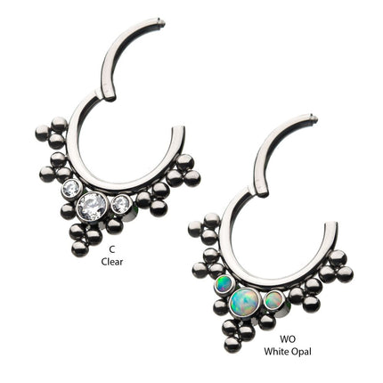 Invictus Titanium with 3 Cluster Bezel Set CZ/Opal & Trio Beads V-Shape Front Facing Hinged Segment Clicker