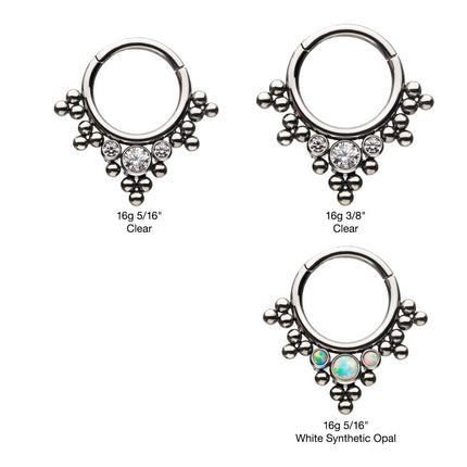 Invictus Titanium with 3 Cluster Bezel Set CZ/Opal & Trio Beads V-Shape Front Facing Hinged Segment Clicker
