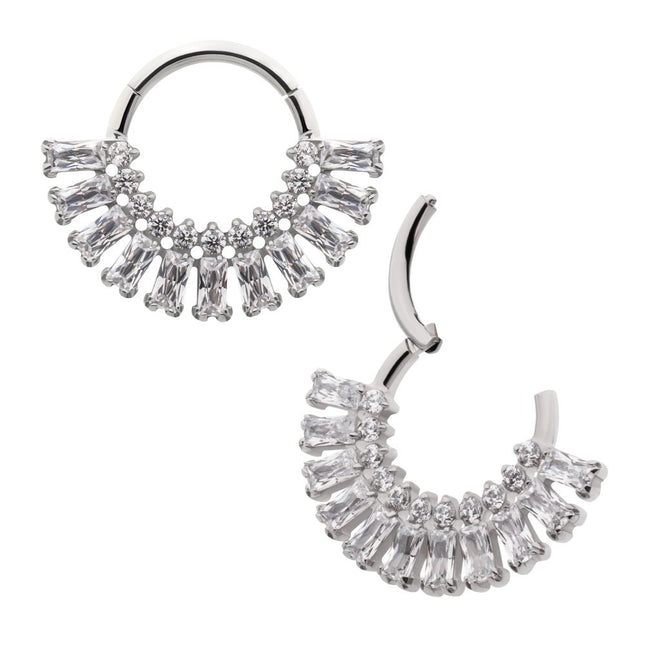 Invictus Titanium Prong Set Baguette & Round Gem Cluster Fan Front Facing Hinged Segment Clickers