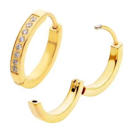 Invictus 20g 24Kt Gold PVD Titanium Clear CZ Hinged Huggie Earrings