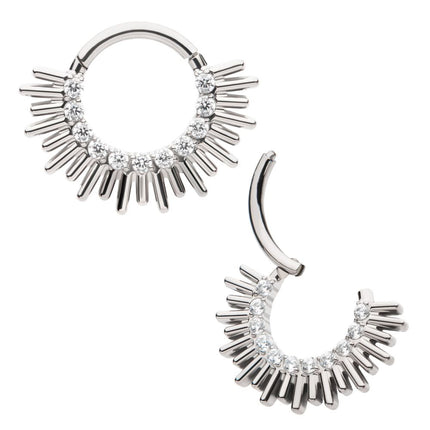 Invictus Titanium Pronged Round CZ Sun Rays Cluster Front Facing Hinged Segment Clicker