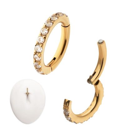 Invictus 14g 24Kt Gold PVD Titanium Oval Shape with CNC Set Full Clear CZ Hinged Segment Clicker (for Navel Piercing)