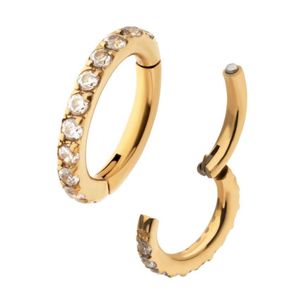 Invictus 16g 24Kt Gold PVD Titanium Oval Shape with CNC Set Full Clear CZ Hinged Segment Clicker (for Rook Piercing)