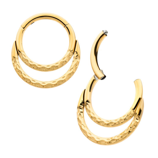Invictus 24Kt Gold PVD Titanium Hammered Double Hoop Front Facing Hinged Segment Clicker