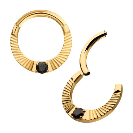 Invictus 24Kt Gold PVD Titanium Radiant Hoop with Black Prong Set Gem Front Facing Hinged Segment Clicker