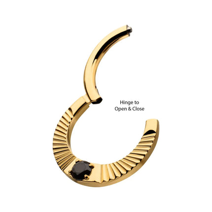 Invictus 24Kt Gold PVD Titanium Radiant Hoop with Black Prong Set Gem Front Facing Hinged Segment Clicker