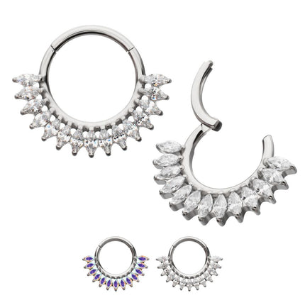 Invictus Titanium Prong Set Marquise Gem Cluster Fan Front Facing Hinged Segment Clicker