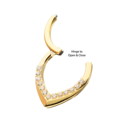 Invictus 24Kt Gold PVD Titanium Pave Gem V-Shape Front Facing Hinged Segment Clicker