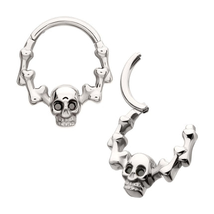Invictus Titanium Skull & Bone with Black CZ Gem Eyes Front Facing Hinged Segment Clicker