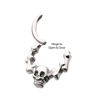 Invictus Titanium Skull & Bone with Black CZ Gem Eyes Front Facing Hinged Segment Clicker