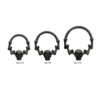 Invictus Black PVD Titanium Skull & Bone with Black CZ Gem Eyes Front Facing Hinged Segment Clicker
