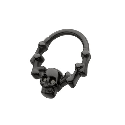 Invictus Black PVD Titanium Skull & Bone with Black CZ Gem Eyes Front Facing Hinged Segment Clicker