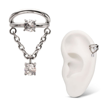 Invictus Titanium Prong Set Gem Open Stack Double Hoop with Gem Chain Dangle Hinged Segment Clicker