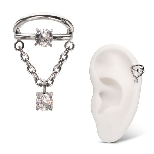 Invictus Titanium Prong Set Gem Open Stack Double Hoop with Gem Chain Dangle Hinged Segment Clicker