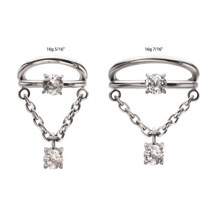 Invictus Titanium Prong Set Gem Open Stack Double Hoop with Gem Chain Dangle Hinged Segment Clicker