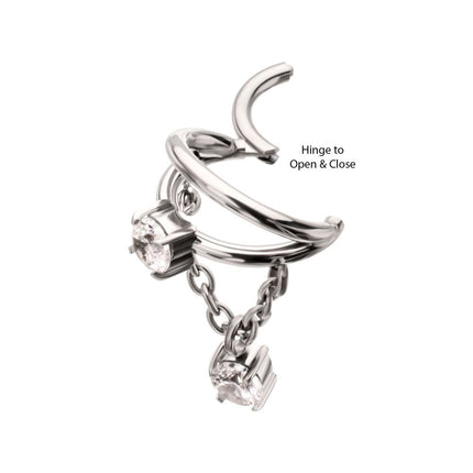 Invictus Titanium Prong Set Gem Open Stack Double Hoop with Gem Chain Dangle Hinged Segment Clicker