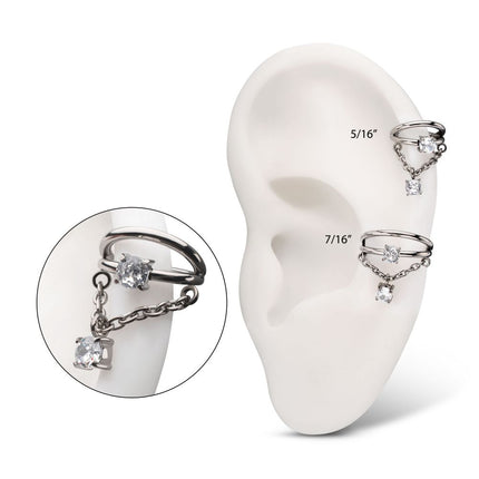 Invictus Titanium Prong Set Gem Open Stack Double Hoop with Gem Chain Dangle Hinged Segment Clicker