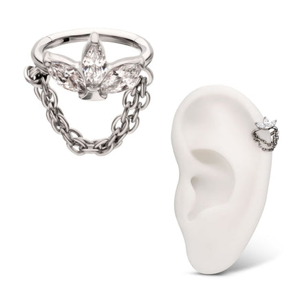 Invictus Titanium Triple Marquise Gem Cluster Hoop with 2-Tier Chain Dangle Hinged Segment Clicker