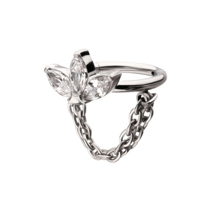 Invictus Titanium Triple Marquise Gem Cluster Hoop with 2-Tier Chain Dangle Hinged Segment Clicker