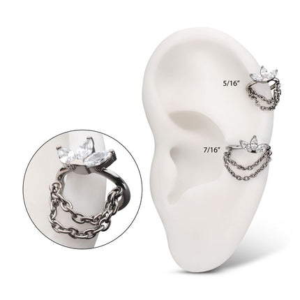 Invictus Titanium Triple Marquise Gem Cluster Hoop with 2-Tier Chain Dangle Hinged Segment Clicker