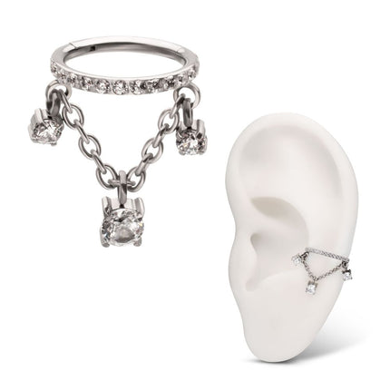 Invictus Titanium Pave Gem Hoop with Three Prong Set Gem Chain Dangle Hinged Segment Clicker