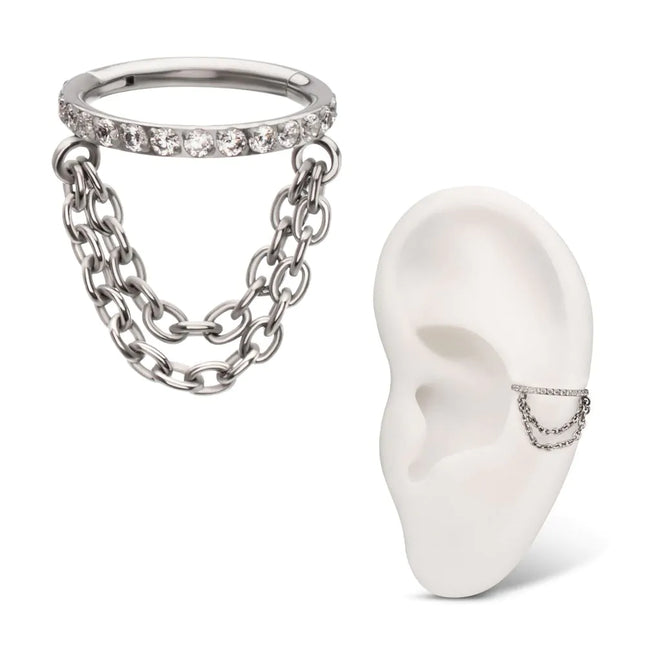 Invictus Titanium Pave Gem Hoop with 2-Tier Chain Dangle Hinged Segment Clicker