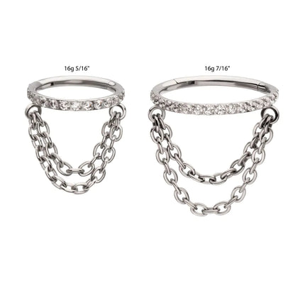 Invictus Titanium Pave Gem Hoop with 2-Tier Chain Dangle Hinged Segment Clicker