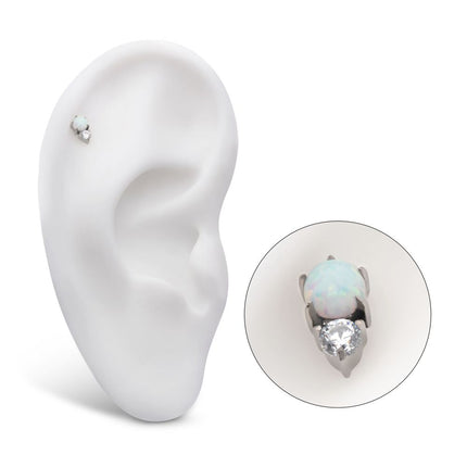 Invictus Titanium Internally Threaded with Prong Set Round White Opal & Clear CZ Top