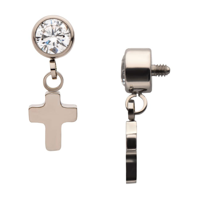 Invictus Titanium Internally Threaded Bezel Set CZ with Dangling Cross Top