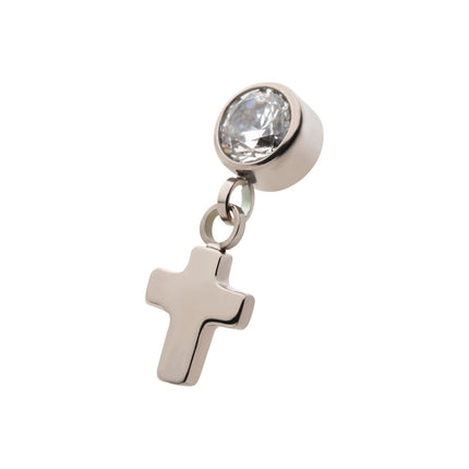 Invictus Titanium Internally Threaded Bezel Set CZ with Dangling Cross Top