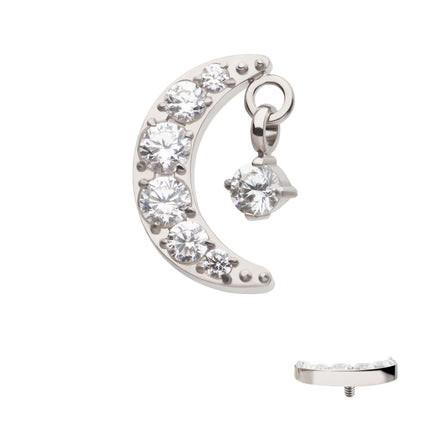 Invictus Titanium Internally Threaded Crescent Moon CZ Top with Dangle Pronged Round CZ