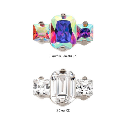 Invictus Titanium Internally Threaded Prong Set Emerald Cut & Princess Gem 3-Cluster Top