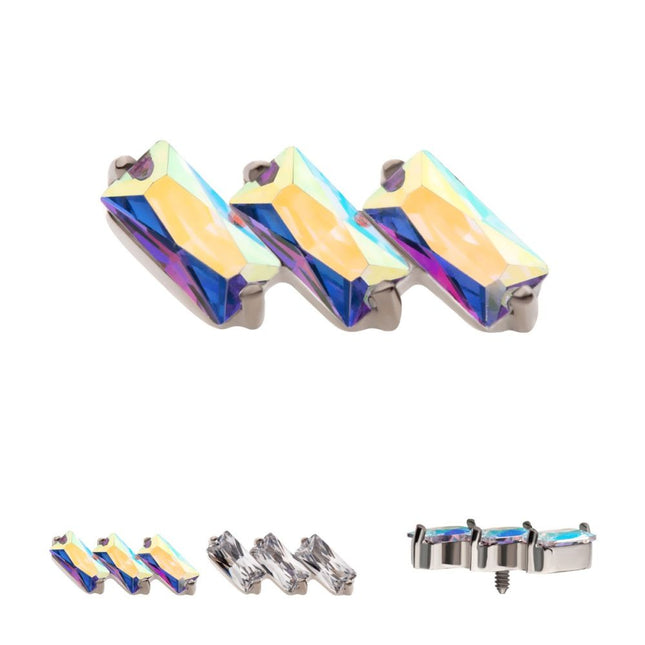 Invictus Titanium Internally Threaded Prong Set Baguette CZ Diagonal 3-Cluster Top
