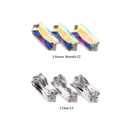 Invictus Titanium Internally Threaded Prong Set Baguette CZ Diagonal 3-Cluster Top