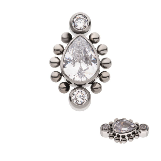 Invictus Titanium Internally Threaded with Bezel Set Round CZ & Beads Around Teardrop CZ Top