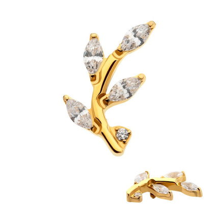 Invictus 24Kt Gold PVD Titanium Internally Threaded Prong Set Marquise CZ Leaf Top