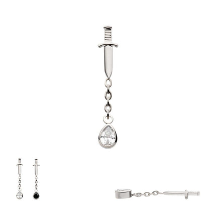 Invictus Titanium Internally Threaded Dangle Chain Bezel Teardrop CZ Dagger Top