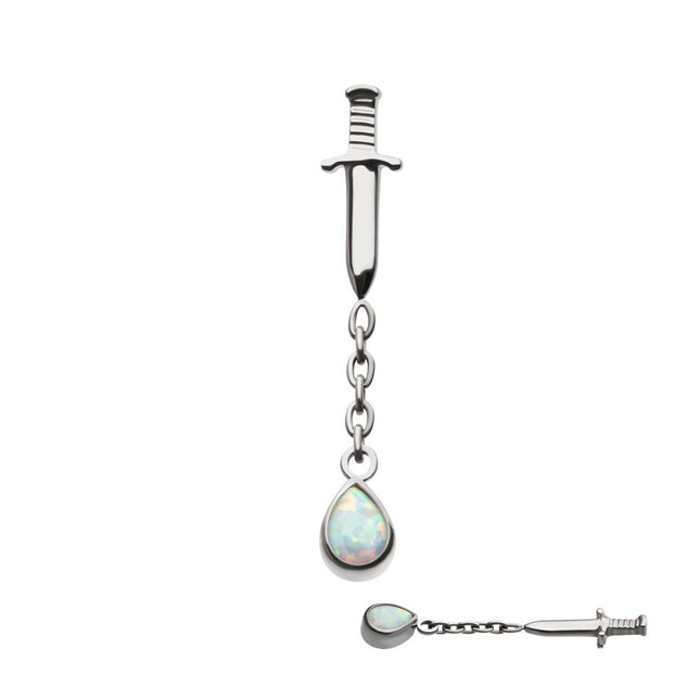 Invictus Titanium Internally Threaded Dagger Top with Bezel Set Teardrop Opal Chain Dangle
