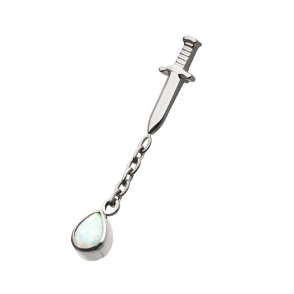 Invictus Titanium Internally Threaded Dagger Top with Bezel Set Teardrop Opal Chain Dangle