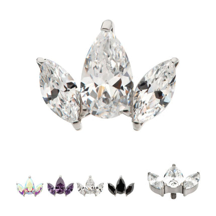Invictus Titanium Internally Threaded 3 Cluster Top with Prong Set Teardrop & Marquise CZ