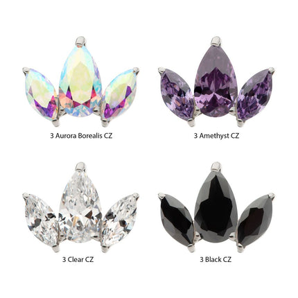 Invictus Titanium Internally Threaded 3 Cluster Top with Prong Set Teardrop & Marquise CZ