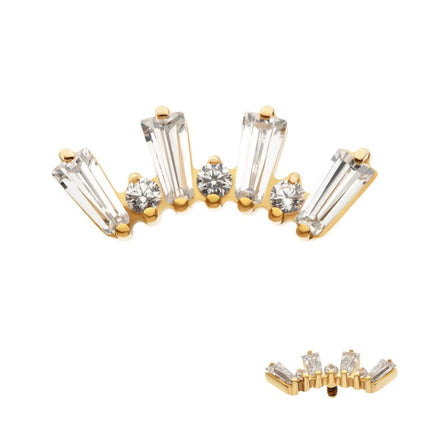 Invictus 24Kt Gold PVD Titanium Internally Threaded Prong Set Baguette & Round CZ 7-Cluster Top