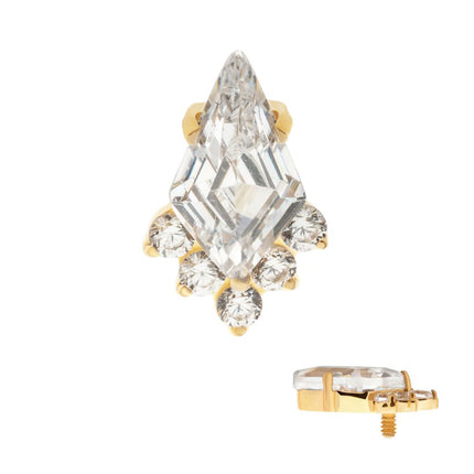 Invictus 24Kt Gold PVD Titanium Internally Threaded Prong Set Kite Shape CZ Top with 5-Cluster Round CZ