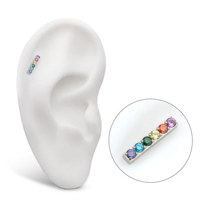 Invictus Titanium Internally Threaded Prong Set Rainbow CZ 6-Cluster Bar Top