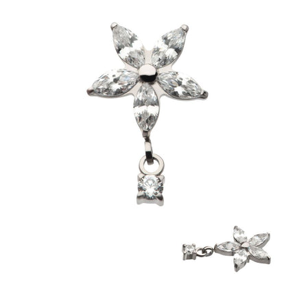 Invictus Titanium Internally Threaded 5 Marquise CZ Flower Shape Top with Dangle Prong Set Round CZ