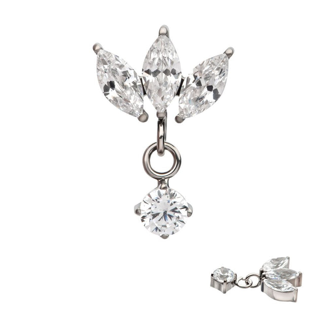 Invictus Titanium Internally Threaded 3 Cluster Marquise CZ Top with Dangle 4-Prong Round CZ