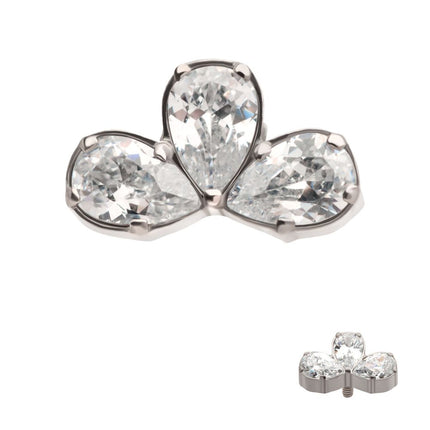 Invictus Titanium Internally Threaded Fan Shape Top with 3 Cluster Prong Set Teardrop CZ