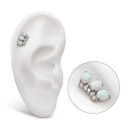 Invictus Titanium Internally Threaded 4-Prong 3 Oval White Opal with 5 Round Clear CZ Cluster Top